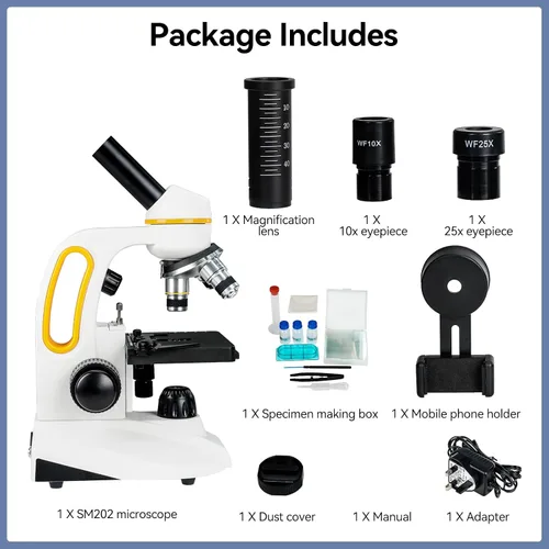 Vista 9 de SVBONY Microscopio monocular compuesto SM202 para adultos, kit de microscopio compuesto 40X-2000X, microscopio con etapa mecánica, adaptador