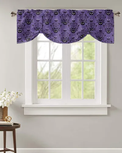 Vista 2 de Cenefas de ventana de calabaza de Halloween, cortinas de cocina, cortinas para sala de estar, dormitorio, baño, lavable, pequeña mansión encantada