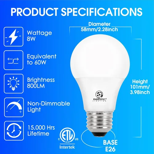 Vista 2 de E ENERGETIC LIGHTING Bombillas equivalentes a 60 vatios, bombillas LED blancas suaves A19, base E26 de 15000 horas, bombilla de 8 W, 800 LM, 2700 K