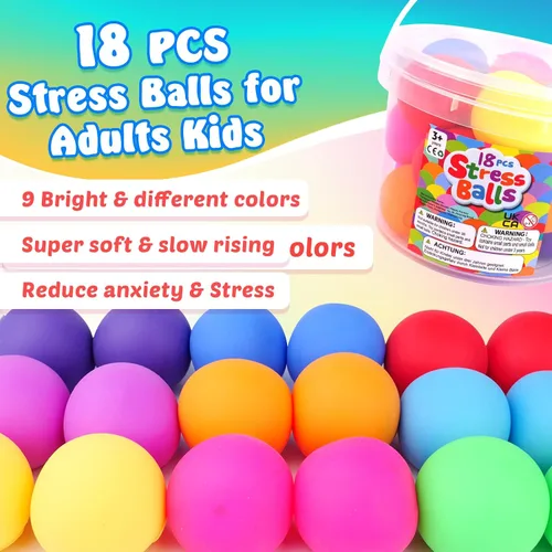 Vista 6 de Pelotas estrujables para niños y adultos: paquete de 18 bolas elásticas para aliviar el estrés nerviosismo, terapia de manos, pelota sensorial