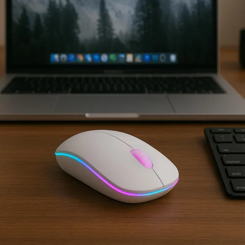 Vista 9 de Mouse inalámbrico – Silencioso, recargable, luz RGB, USB de 2.4 GHz, mouse delgado ergonómico para laptop, Mac, oficina, PC