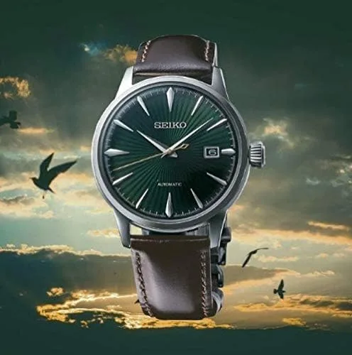 Vista 4 de SEIKO Mens PRESAGE 'Mockingbird' Cocktail Dial verde con reloj de cuero marrón SRPD37J1, Blanco, Moderno