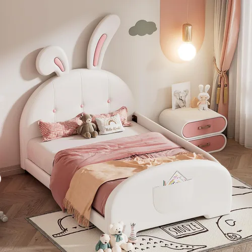 Vista 20 de Cama de plataforma tapizada de tamaño individual con cabecero en forma de oso y rayas de luz incrustadas, bonito marco de cama de plataforma
