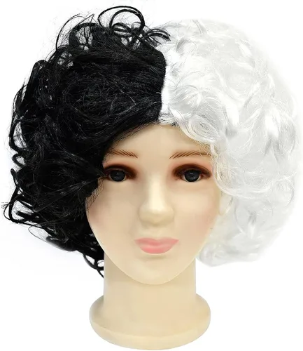 Vista 5 de IWEMEK Disfraz de Cruella Deville para niñas vestido de cosplay de Halloween para niños vestido de personaje de película dálmata peluca guantes