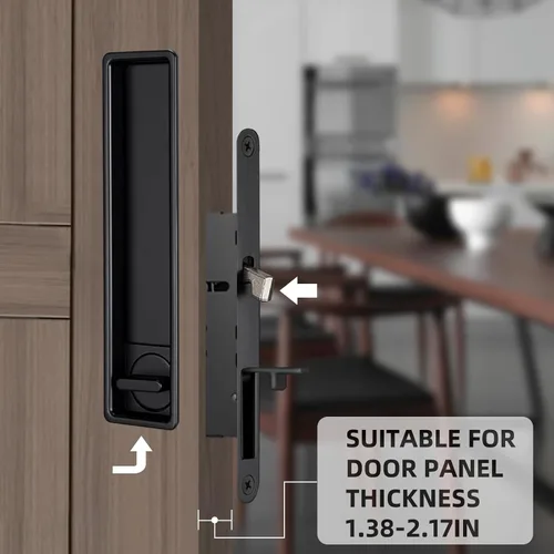 Vista 3 de Juego de herrajes para cerradura de puerta de bolsillo, manija de privacidad con tirador oculto y pestillo empotrado, apto para puertas de madera