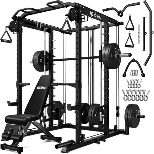 Vista 13 de Máquina S1-V4 Smith, jaula de potencia de 2000 libras con sistema de cruce de cables, estante de sentadillas todo en uno con barra Smith