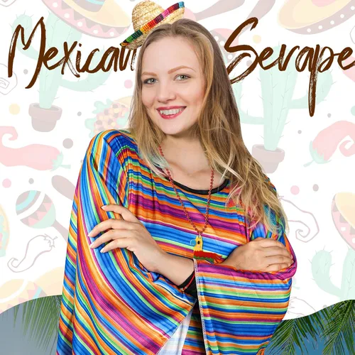 Vista 5 de 5 piezas de disfraces de fiesta Cinco de Mayo, poncho de tela de fiesta y sombrero de pajita, sombrero de 3 cuentas de collar mexicano para adultos