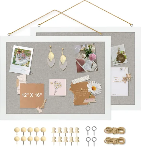 Vista 12 de Tablero de corcho de doble cara con lino, tablero de anuncios pequeño con marco de madera colgante de 12 x 12 pulgadas, kit de tablero de visión