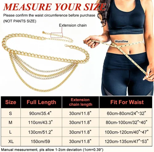 Vista 6 de Suyi Cinturón de cadena multicapa Cinturones de cadena de metal con diamantes de imitación para mujer Cadena de cintura dorada punk Dorado
