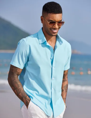 Vista 2 de COOFANDY Camisas casuales de lino de manga corta con botones para hombre