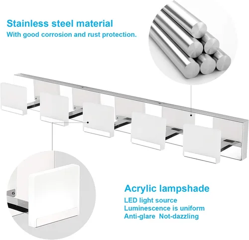 Vista 3 de Ralbay Luces LED modernas para tocador de baño, 5 luces, lámpara de pared de baño de acero inoxidable acrílico