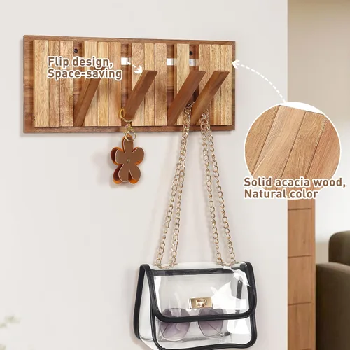 Vista 5 de Perchero de pared para entrada: Plegable rústico de madera con 8 ganchos, montaje de 16.5 pulgadas, elegante colgador de piano para pasillo