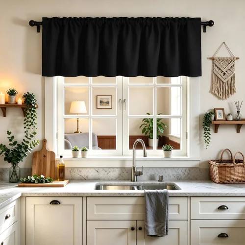 Vista 36 de Cenefa Beige Oscurecedora para Ventana, Cortina Corta con Bolsillo para Barra, Cenefa Primitiva para Sala de Estar, Baño, Guardería, Cocina, Ventana