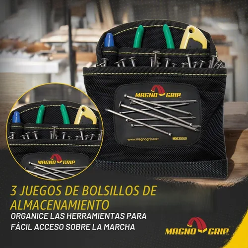 Vista 2 de MagnoGrip Bolsa para clavos de 3 bolsillos con almacenamiento magnético integrado - Poliéster balístico 1680D duradero, interior y exterior