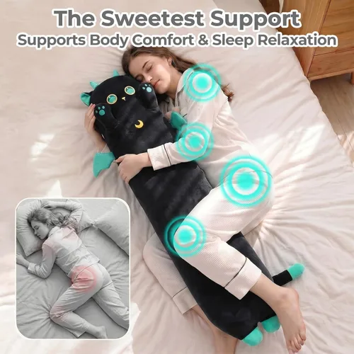 Vista 3 de Mewaii Peluche de gato largo, 5 tamaños, 120% relleno extra, almohada gigante para el cuerpo de los niños, lindo peluche Kawaii de ojos grandes