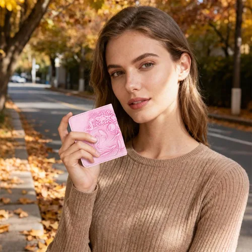 Vista 2 de MEITRUE Cartera pequeña para mujer, cartera delgada RFID para mujer, tarjetero con ventana de identificación, 04-Rosa claro, Pequeña, Moderno