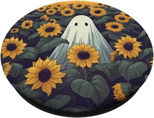 Vista 2 de Retro Ghost Girasol Diseño Floral Halloween Mujeres Graphic PopSockets PopGrip Estándar