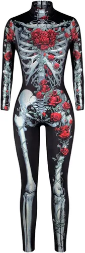 Vista 3 de Fixmatti Disfraz de fiesta de Halloween para mujer, traje de manga larga con estampado de calavera