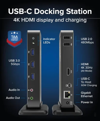Vista 2 de Plugable Base USB-C con HDMI 4K y carga de 60 W, compatible con MacBook Neo, Thunderbolt 3/4, USB 4 y USB-C macOS, Windows y Chromebook, Ethernet