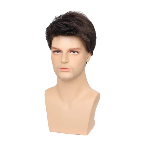Vista 2 de Kaneles Mens Wig Short Drak Brown Wigs Layered Natural Cosplay Party Costume Hair Full Wig for Male Guy