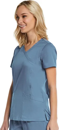 Vista 3 de Mock Wrap Scrub Top para las mujeres 2 bolsillos 4-Way Stretch para Medical Dental Spa EL9115