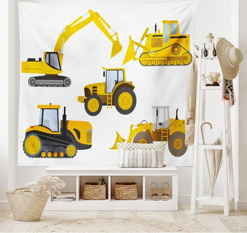 Vista 2 de Lunarable Tapiz de dibujos animados, inspirado en la animación, dibujo de maquinaria pesada, impresión de excavadora, decoración de tela para colgar