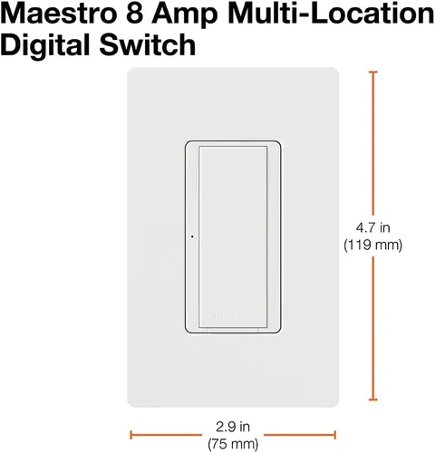 Vista 5 de Lutron Maestro MA-S8AM-WH, interruptor digital, 8 A, un solo polo/ubicación múltiple, color blanco