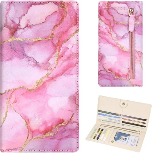 Vista 22 de Billetera para mujer, billetera RFID extradelgada, bolso plegable de cuero, con 11 ranuras para tarjetas y ventana de identificación, lindo monedero