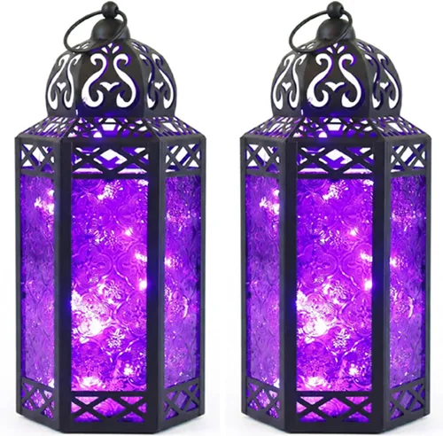 Vista 54 de VELA LANTERNS Juego de 2 portavelas decorativos de LED con luces de hadas de 12" de metal marroquí para colgar o mesa, decoración del hogar