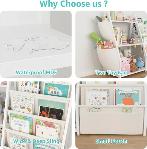 Vista 4 de Estantería para niños y almacenamiento de juguetes, organizador de juguetes con estante para libros de 3 niveles, estantería pequeña con eslinga