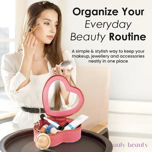 Vista 3 de Bolsa de maquillaje con forma de corazón – Bolsa de cosméticos de corazón rosa con cubierta transparente – Ideas de regalo para mujeres, mamá