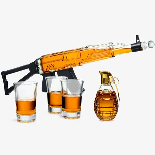 Vista 5 de Juego de regalo de decantador de whisky de pistola, 25 onzas con tres vasos de chupito de 3 onzas + botella de granada, ideas únicas de cumpleaños
