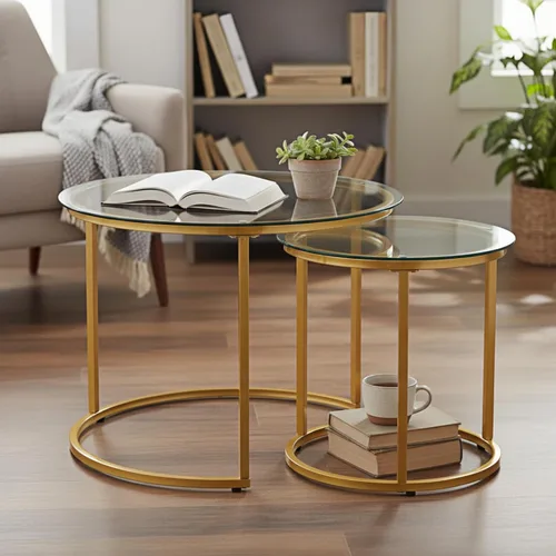 Vista 10 de Juego de 2 mesas auxiliares redondas anidadas, apilables, minimalistas Modern Marble Pattern Wooden Nesting Tables for Living Room Bedroom Small