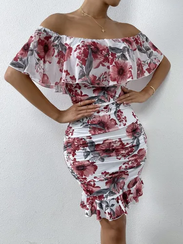 Vista 6 de Vestidos para mujer, vestidos para mujer, vestidos con estampado floral, hombros descubiertos, ribete con volantes, vestidos ajustados