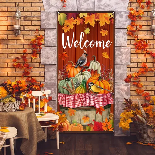 Vista 3 de Cartel de puerta de Acción de Gracias, decoración grande para puerta de otoño, pájaro, calabaza, telón de fondo, suministros de fiesta para cosecha