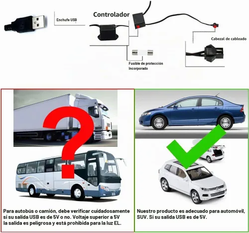 Vista 5 de Tira de luces LED de cable electroluminiscente azul para interior de automóvil, 6.5 pies de cable de neón con controlador USB de 5 voltios