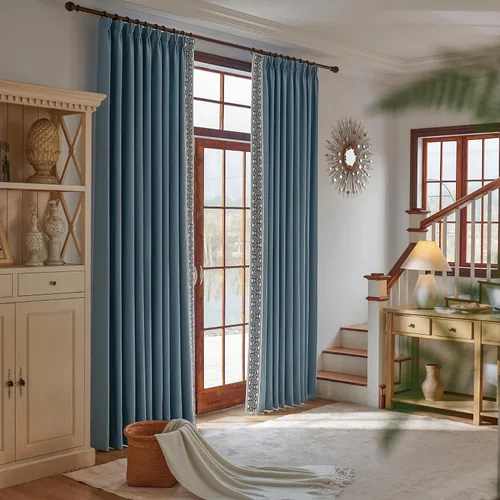 Vista 3 de VisionaryHomeDesign Cortinas Azules de Pliegues Pellizco de Mezcla de Algodón y Lino, Cortinas con Ribete de Greca, Cortinas Oscurecedoras