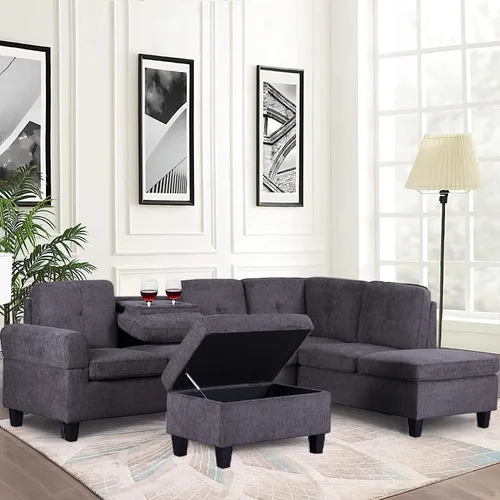 Vista 8 de EMKK Sofá modular de 3 piezas, juego de muebles de sala de estar, sofá esquinero tapizado de 5 plazas en forma de L, 1 diván gris oscuro