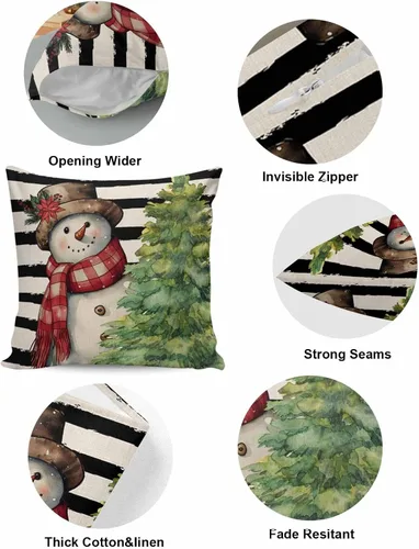Vista 5 de Juego de 4 fundas de almohada rojas navideñas de 18 x 18 pulgadas, fundas de almohada cuadradas de lino rústico de Navidad, fundas de almohada