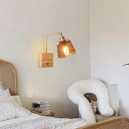 Vista 3 de LED Wall Sconce Nordic Modern Brass Bedside Retro Industry Hammered Glass Lamp Shade Green Hallway Lighting Mid Century Wood Mount Light Home Decor