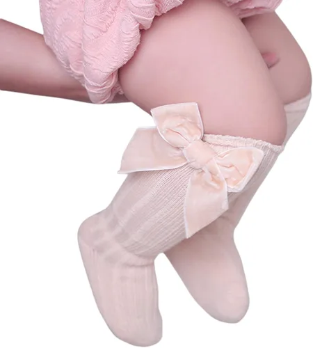 Vista 3 de Calcetines altos hasta la rodilla con lazos, tubo largo con volantes, medias de uniforme para bebés, calcetines de punto acanalados