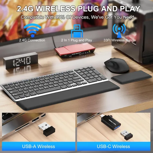 Vista 2 de Combo de teclado y mouse inalámbricos silenciosos y silenciosos ultra delgados con reposamuñecas magnético, juego combinado de teclado y mouse