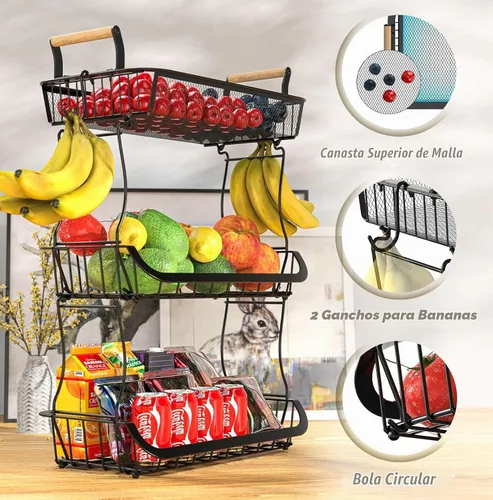 Vista 3 de Cesta de frutas de 3 niveles para encimera de cocina con 2 ganchos para plátanos, soporte grande para frutero, soporte de almacenamiento de frutas