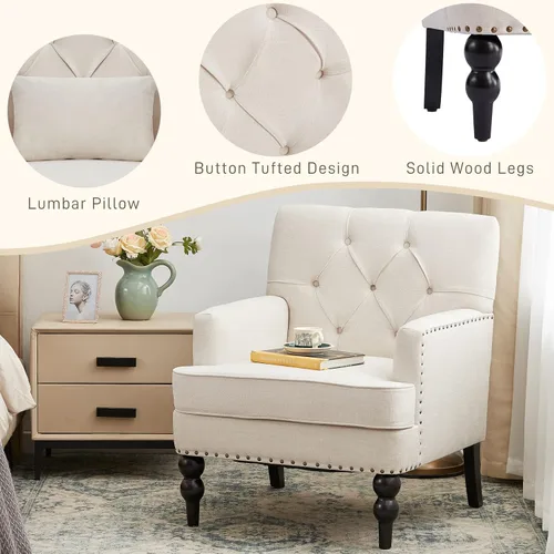 Vista 6 de HUIMO Silla de Club Acolchada, Silla de Acento con Almohada Lumbar, Sillón Tapizado con Botones, Sillas de Sofá de Tela de Lino para Dormitorio