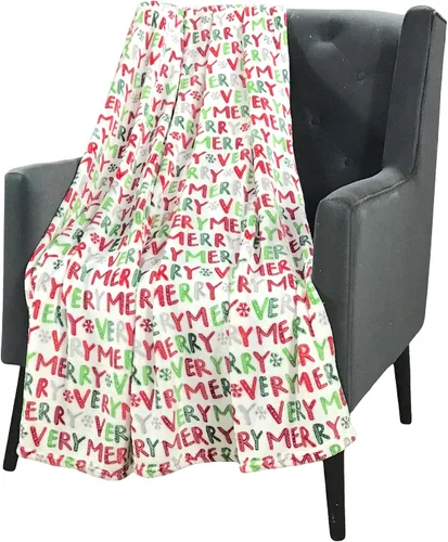 Vista 23 de Manta de Forro Polar para las Fiestas Navideñas: Corona Tradicional de Decoración del Hogar con Saludos Cheers Merry Peace Joy sobre Fondo Beige