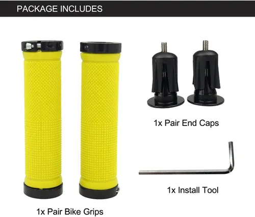 Vista 6 de PLATT - Puños de manillar de bicicleta con gomas de goma coloridas Puños de bicicleta cómodos para bicicletas BMX/MTB amarillo (Yellow+End Caps)