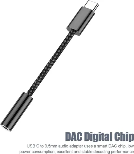 Vista 6 de Fidioto 1 paquete de adaptador de auriculares USB tipo C a conector hembra de 3.5 mm negro, cable de dongle de audio USB C a auxiliar de 16 bits