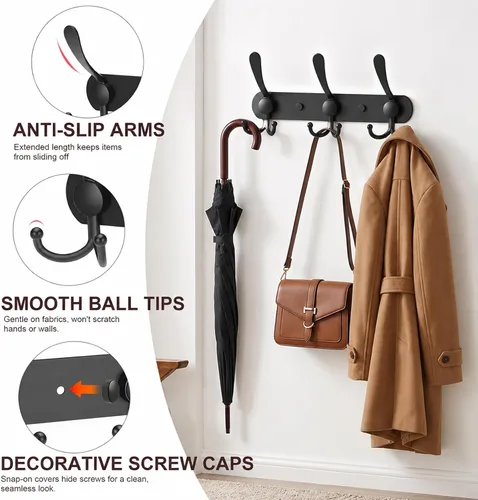 Vista 3 de YUNISS Perchero montado en la pared, 3 ganchos triangulares de acero inoxidable para abrigos, sombreros, batas, toallas en recibidor y entrada Negro