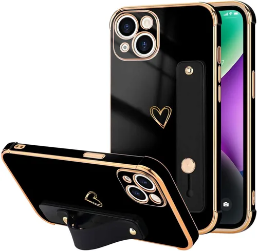 Vista 26 de LLZ.COQUE Funda compatible con iPhone 12 para mujeres y niñas, parachoques chapado de lujo con bonito diseño de corazón de amor, soporte de correa