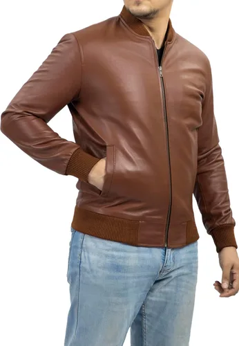 Vista 8 de Jild Varsity Style Leather Bomber Jacket Men - Chaqueta de cuero de gamuza real de moda casual MA-1 para hombre